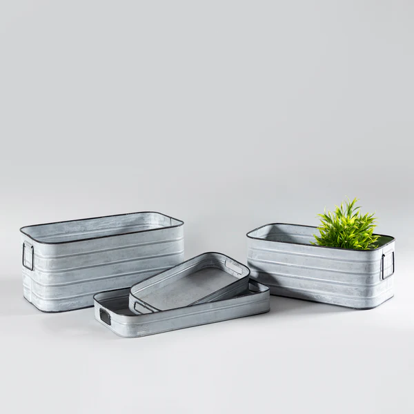 SET OF 4 GALVANIZED PLANTERS & TRAYS SET